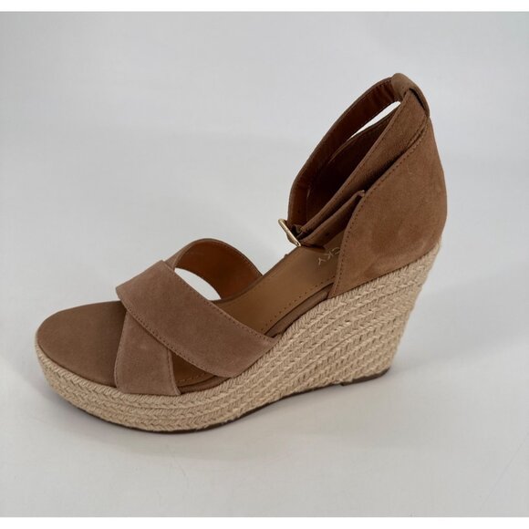 Lisa Vicky Wedge Sandals Cognac Suede 9.5 Cross-Strap Espadrille Heel - Picture 8 of 10